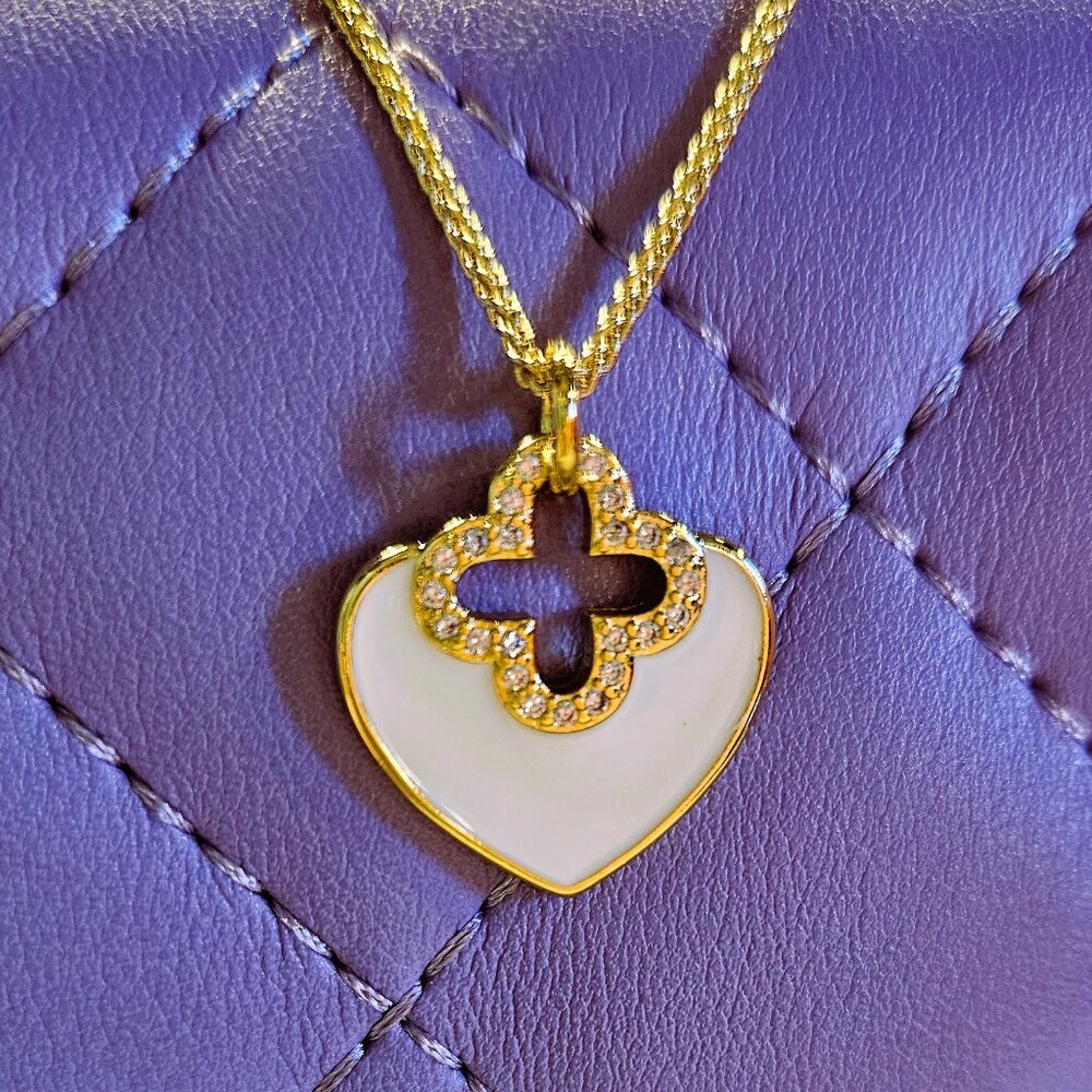SALE!!  White Enamel and Zirconia 14K gold filled Heart Necklace - Picture 3 of 4